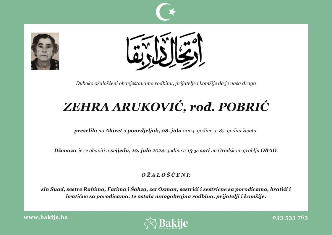 Smrtovnica — Zehra Aruković, rođ. Pobrić