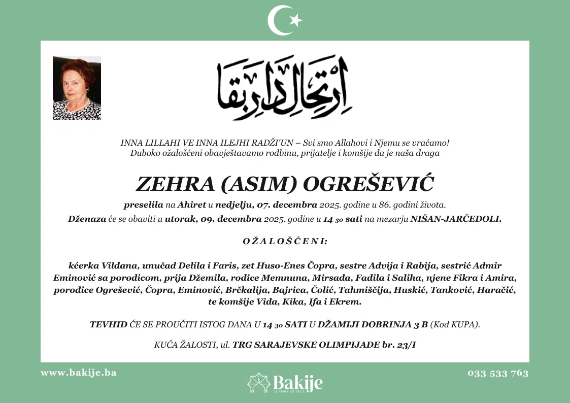 Smrtovnica — Zehra (Asim) Ogrešević