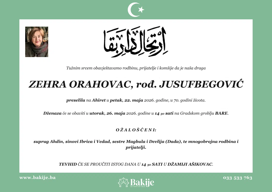 Smrtovnica — Zehra Orahovac, rođ. Jusufbegović
