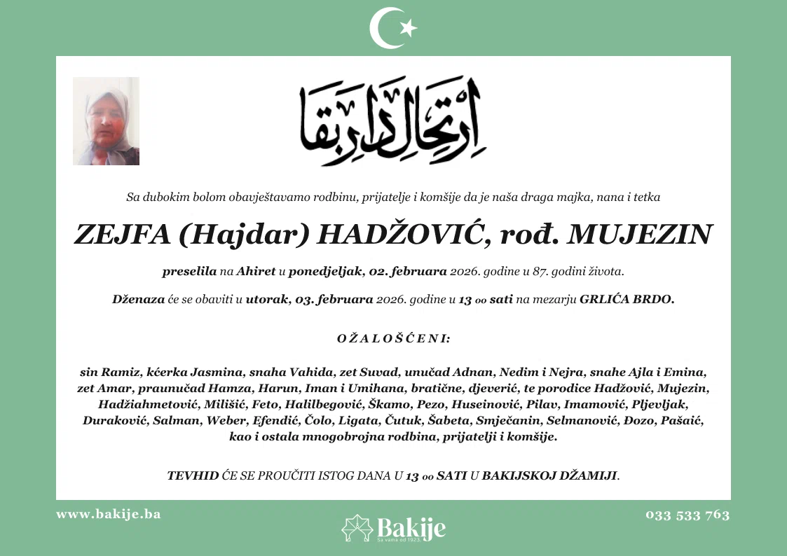 Smrtovnica — Zejfa (Hajdar) Hadžović, rođ. Mujezin
