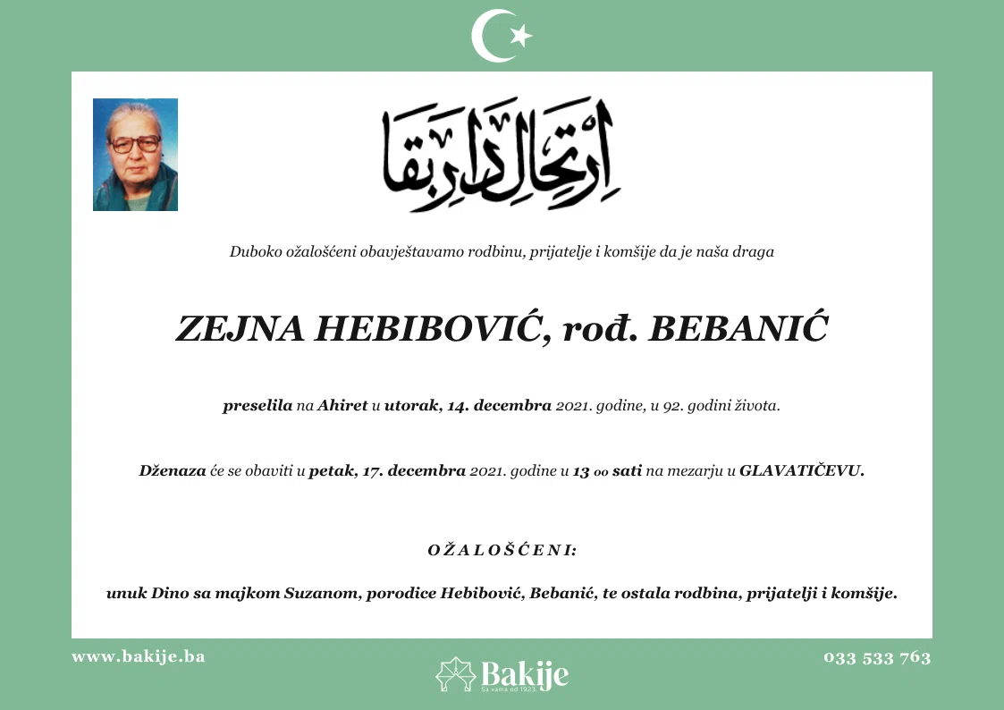 Smrtovnica — Zejna Hebibović, rođ. Bebanić