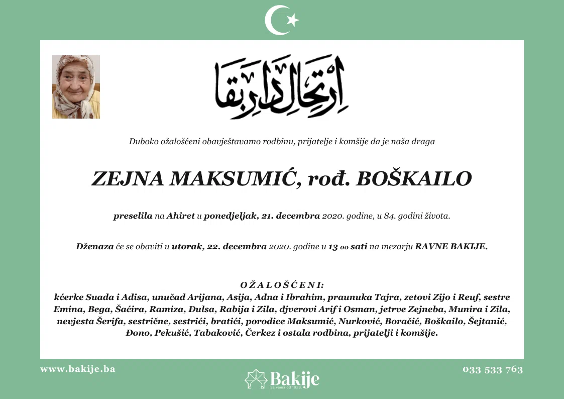 Smrtovnica — Zejna Maksumić, rođ. Boškailo