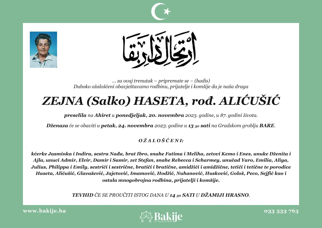 Smrtovnica — Zejna (Salko) Haseta, rođ. Alićušić