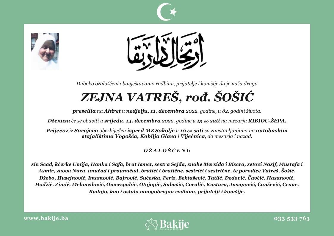 Smrtovnica — Zejna Vatreš, rođ. Šošić