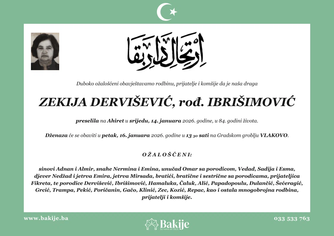 Smrtovnica — Zekija Dervišević, rođ. Ibrišimović