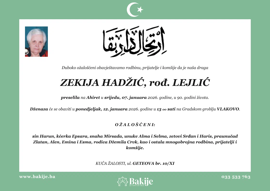 Smrtovnica — Zekija Hadžić, rođ. Lejlić