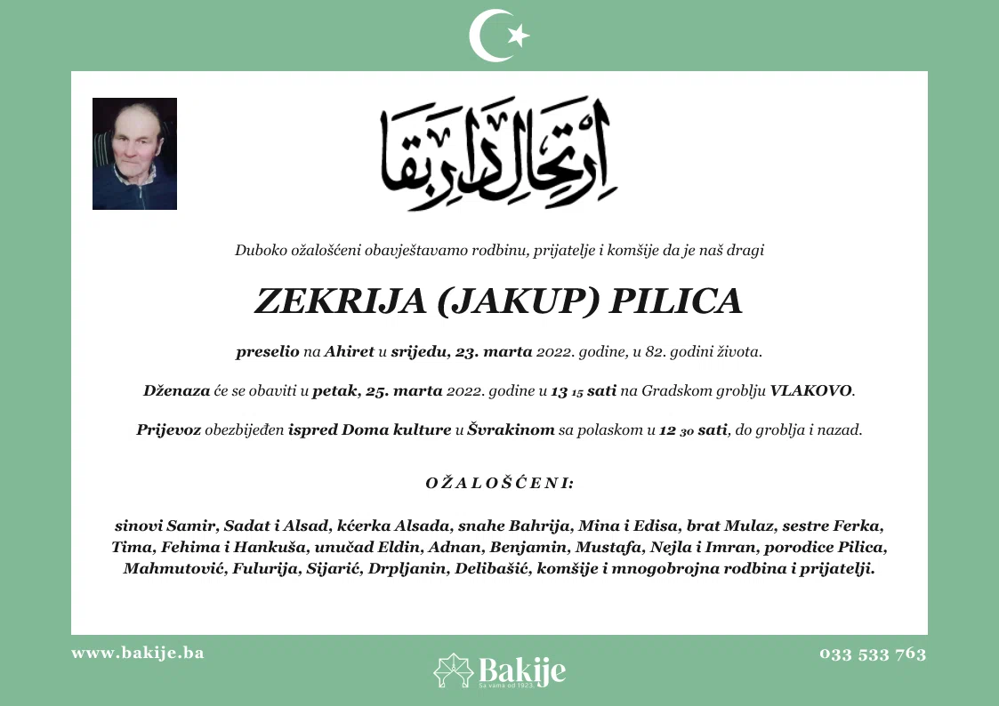 Smrtovnica — Zekrija (Jakup) Pilica