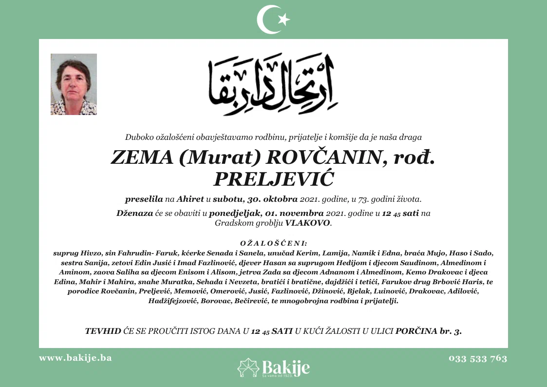 Smrtovnica — Zema (Murat) Rovčanin, rođ. Preljević