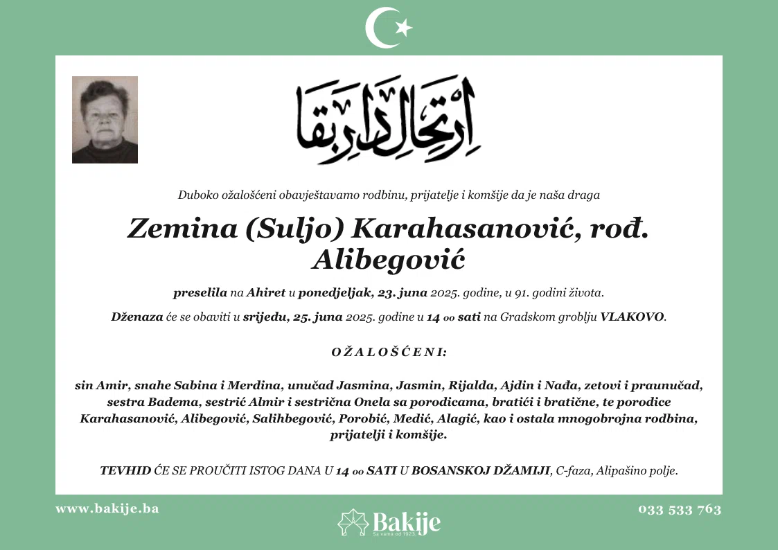 Smrtovnica — Zemina (Suljo) Karahasanović, rođ. Alibegović