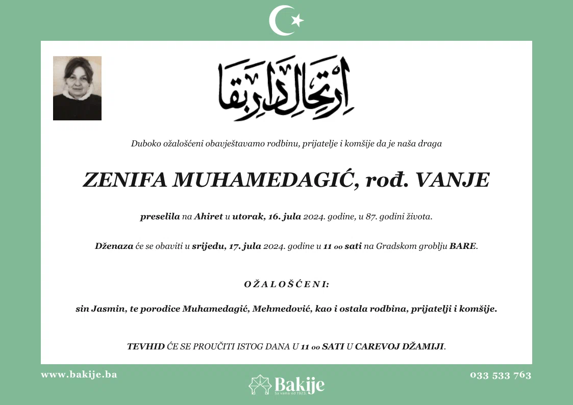 Smrtovnica — Zenifa Muhamedagić, rođ. Vanje