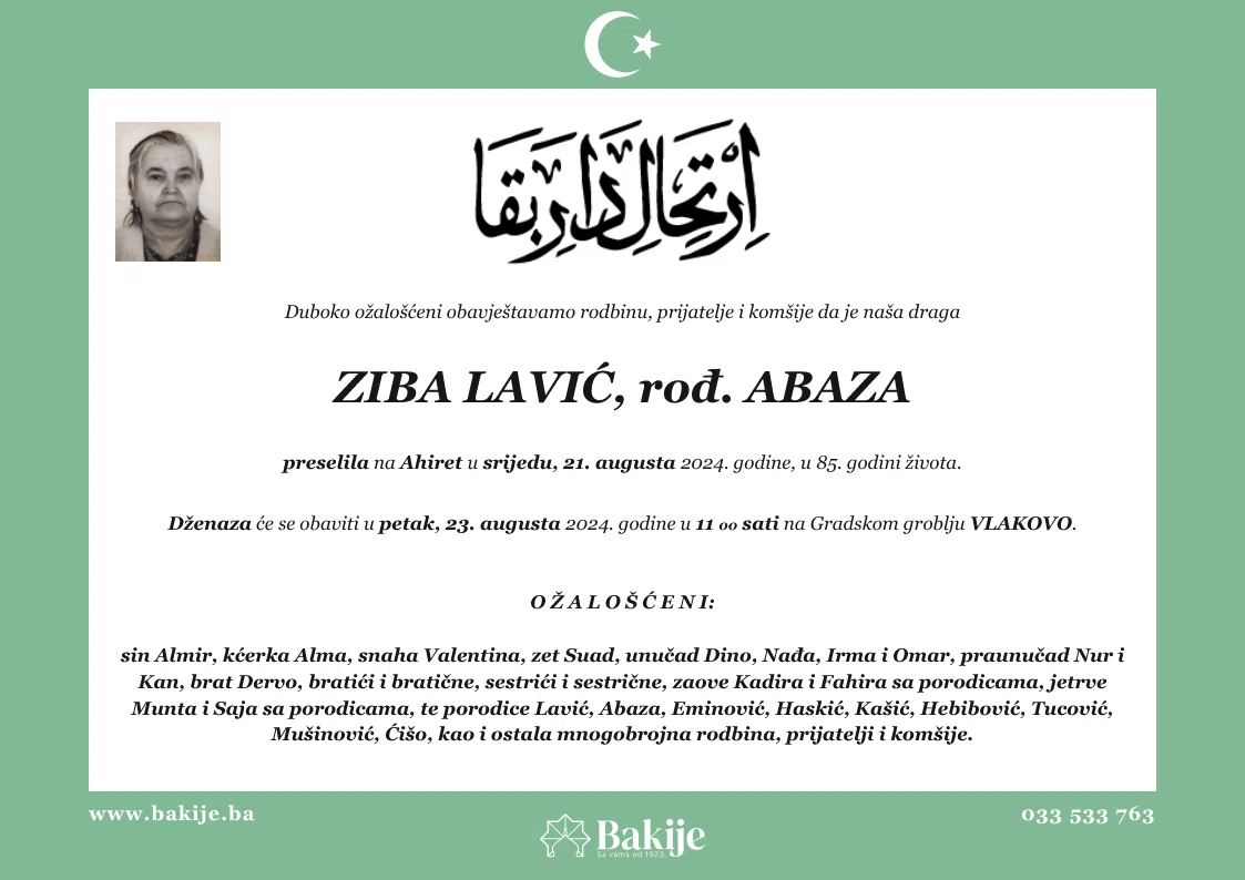 Smrtovnica — Ziba Lavić, rođ. Abaza