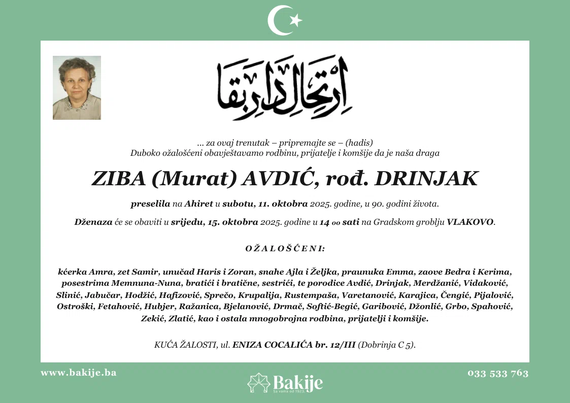 Smrtovnica — Ziba (Murat) Avdić, rođ. Drinjak