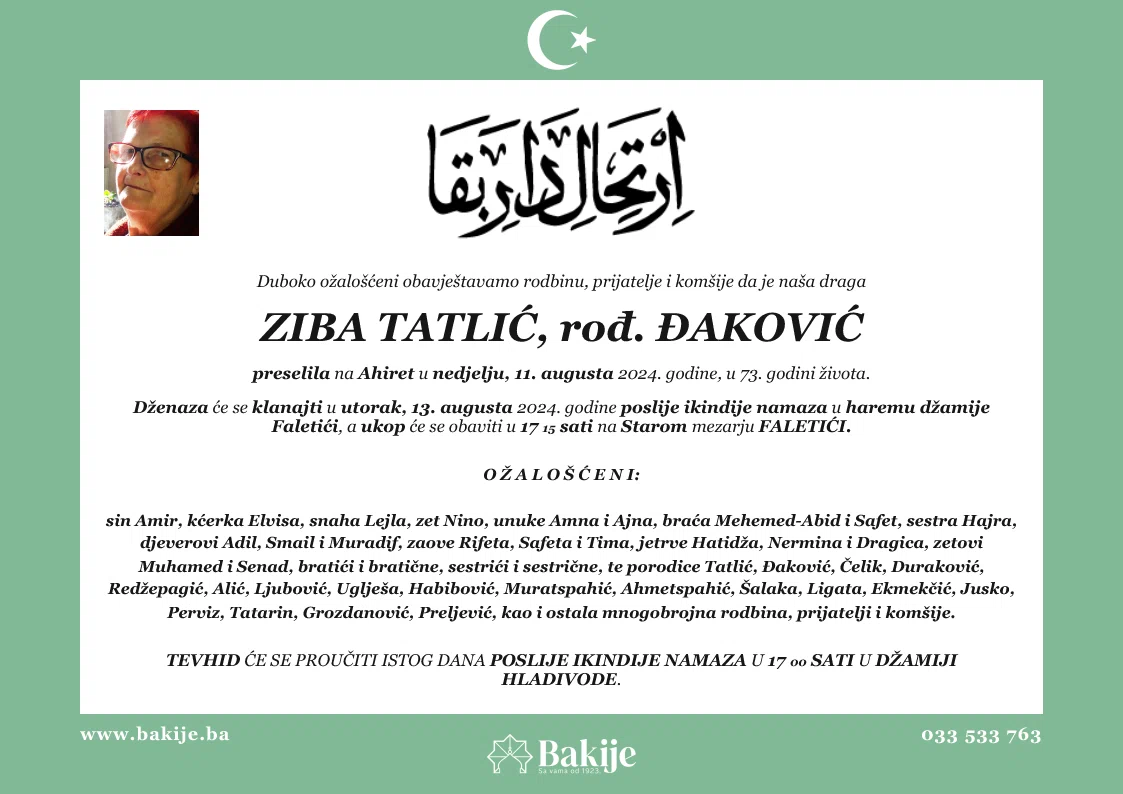 Smrtovnica — Ziba Tatlić, rođ. Đaković