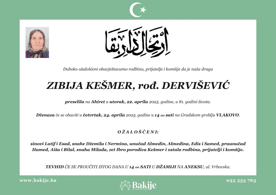 Smrtovnica — Zibija Kešmer, rođ. Dervišević