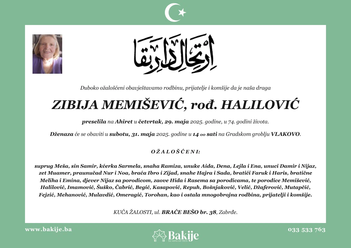 Smrtovnica — Zibija Memišević, rođ. Halilović