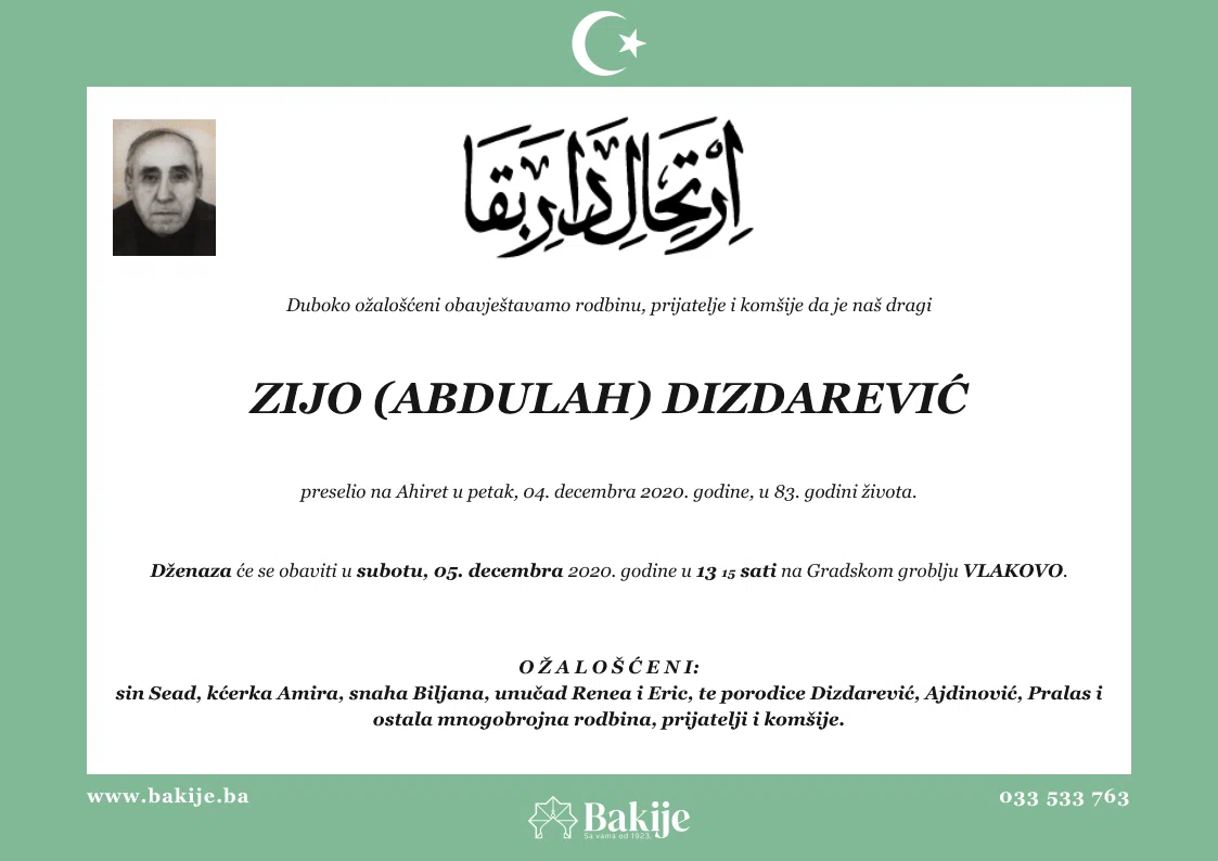 Smrtovnica — Zijo (Abdulah) Dizdarević
