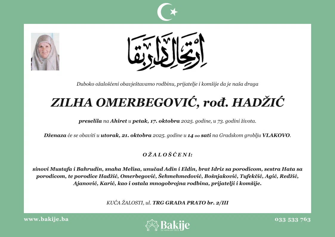 Smrtovnica — Zilha Omerbegović, rođ. Hadžić
