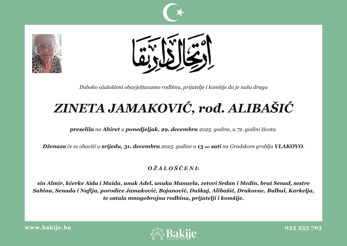 Smrtovnica — Zineta Jamaković, rođ. Alibašić