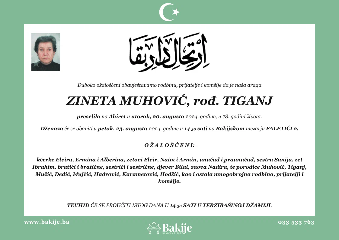 Smrtovnica — Zineta Muhović, rođ. Tiganj