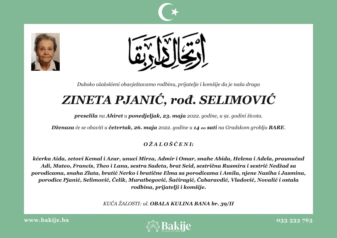 Smrtovnica — Zineta Pjanić, rođ. Selimović