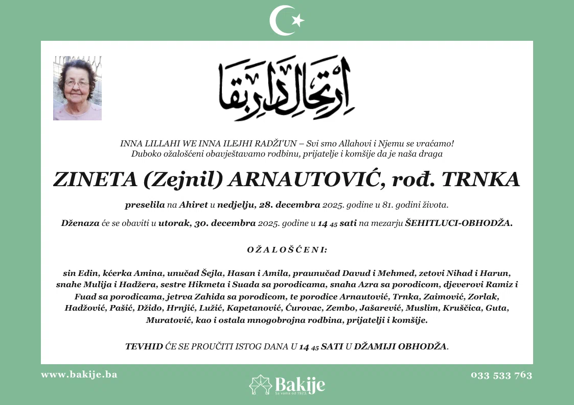 Smrtovnica — Zineta (Zejnil) Arnautović, rođ. Trnka
