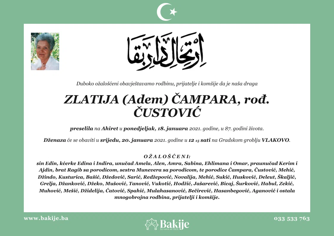 Smrtovnica — Zlatija (Adem) Čampara, rođ. Čustović