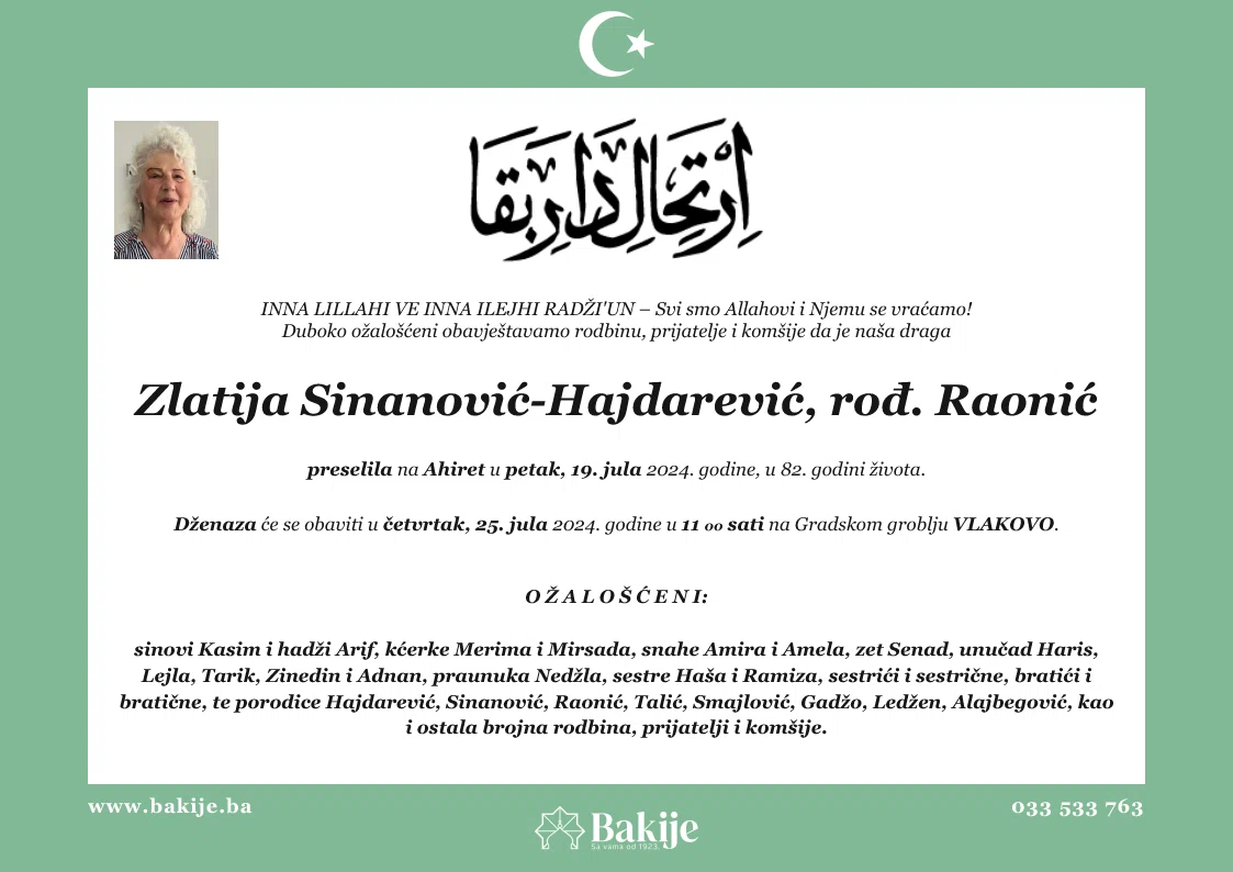 Smrtovnica — Zlatija Sinanović-Hajdarević, rođ. Raonić