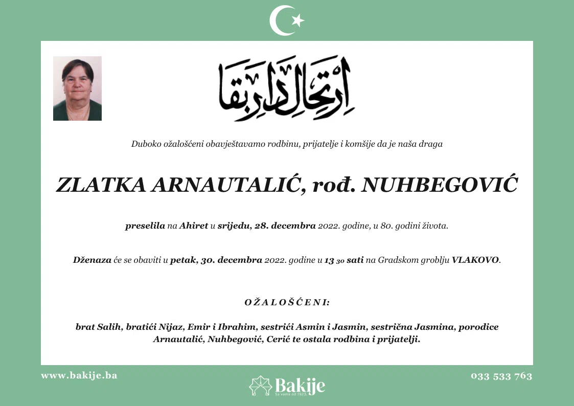 Smrtovnica — Zlatka Arnautalić, rođ. Nuhbegović