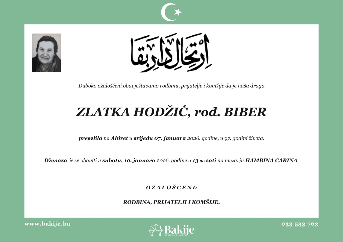 Smrtovnica — Zlatka Hodžić, rođ. Biber
