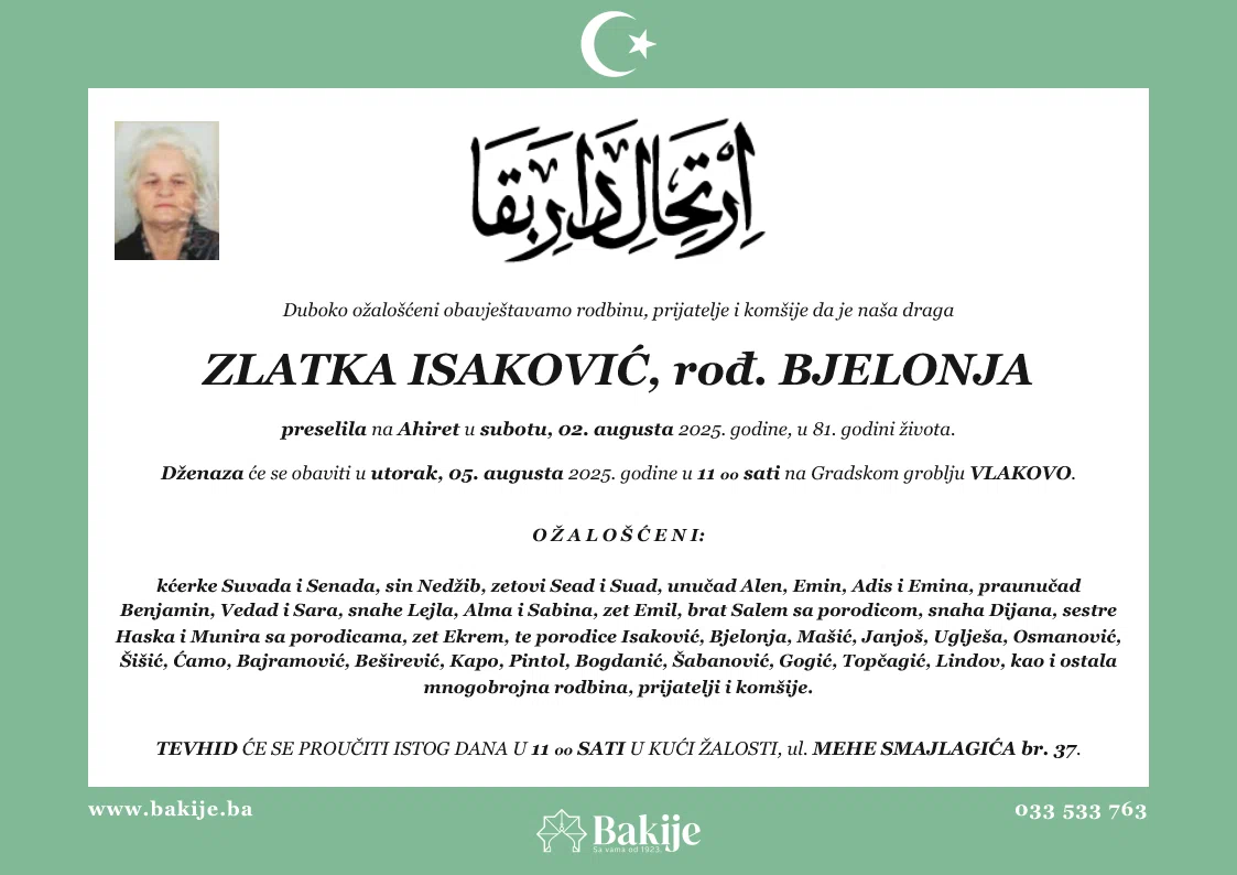 Smrtovnica — Zlatka Isaković, rođ. Bjelonja