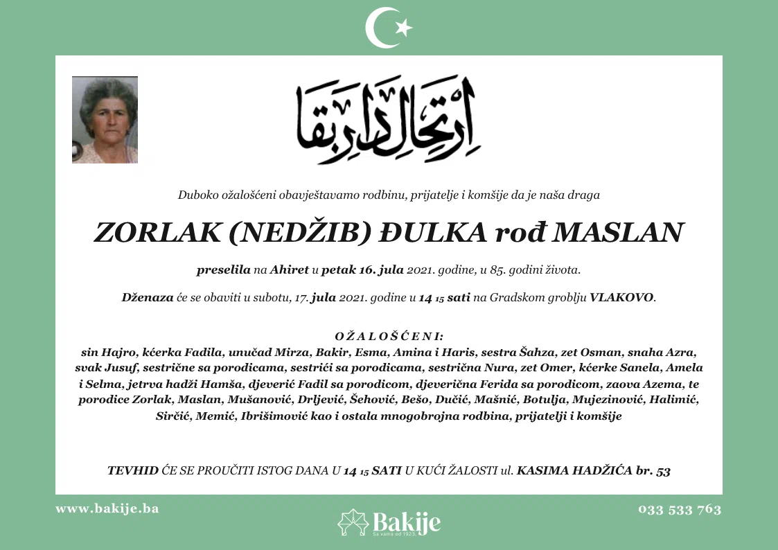 Smrtovnica — Zorlak (Nedžib) Đulka Rođ Maslan