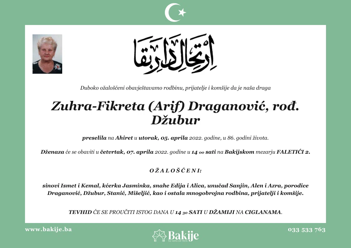 Smrtovnica — Zuhra-Fikreta (Arif) Draganović, rođ. Džubur