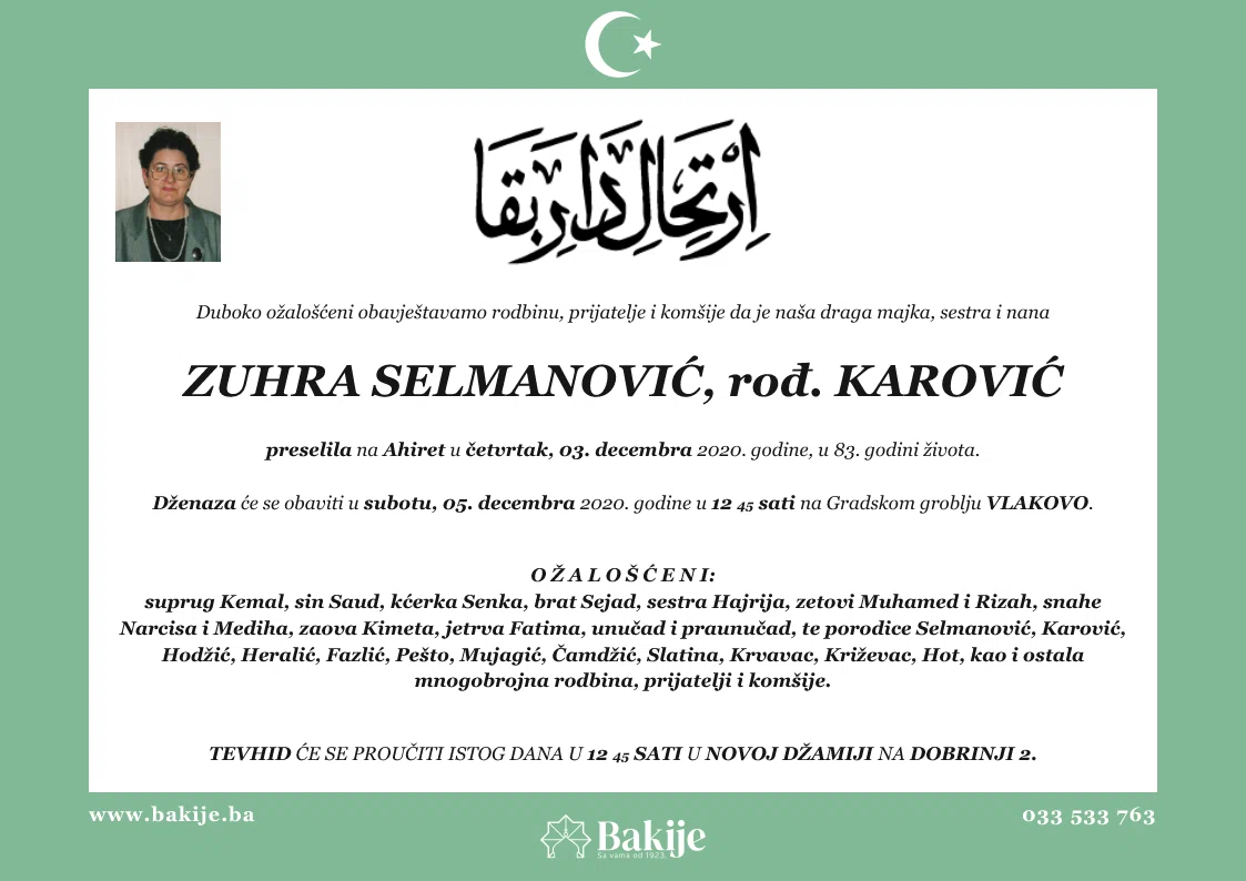 Smrtovnica — Zuhra Selmanović, rođ. Karović