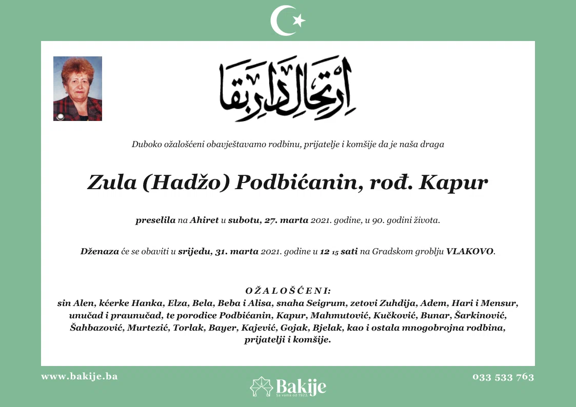 Smrtovnica — Zula (Hadžo) Podbićanin, rođ. Kapur