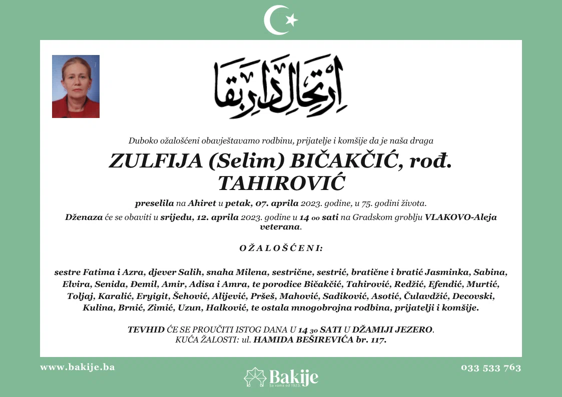 Smrtovnica — Zulfija (Selim) Bičakčić, rođ. Tahirović