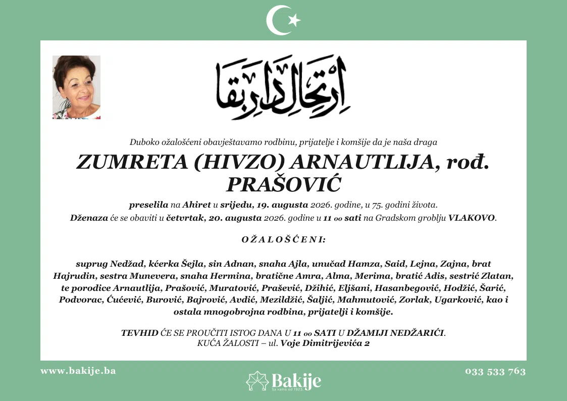 Smrtovnica — Zumreta (Hivzo) Arnautlija, rođ. Prašović