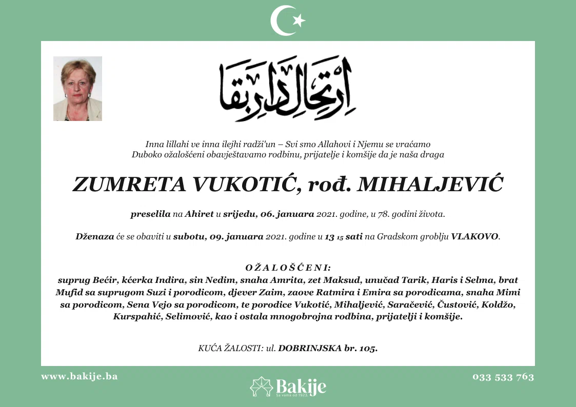 Smrtovnica — Zumreta Vukotić, rođ. Mihaljević